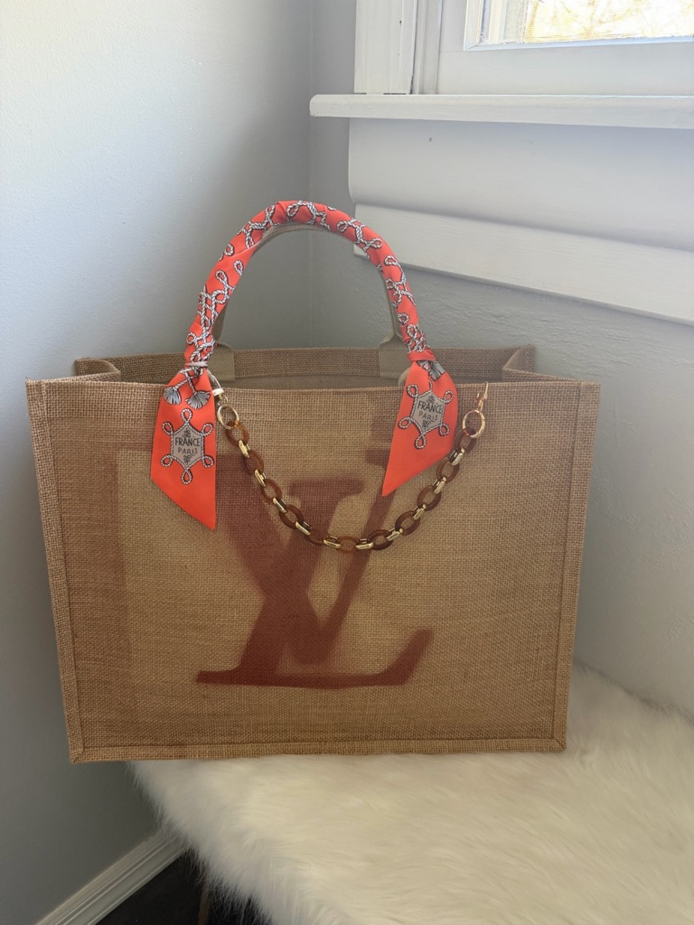 Luxury Brown Jute Tote with Orange Scarf Handle - Picture 2 of 5